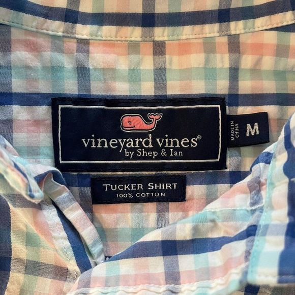 Vineyard Vines Tucker Button Up Shirt Mens Med Blue Pink Windowpane Plaid Whale - Picture 5 of 9